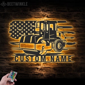 Custom Asphalt Compactor Metal Wall Art LED Light Personalized Heavy Equipment Name Sign Home Decor Construction Decoration Man Cave Xmas