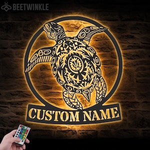 Custom Mandala Sea Turtle Metal Wall Art LED Light Personalized Marine Turtle Lover Name Sign Home Decor Beach Turtle Kid Nursery Decoration