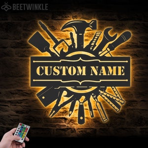 Custom Tools Repair Metal Wall Art LED Light Personalized Builder Workshop Name Sign Home Decor Constructor Decoration Repairman Birthday