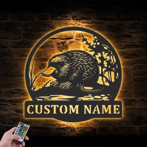 Arte de pared de metal con forma de ornitorrinco personalizado, luz LED, letrero con nombre para amantes de los animales, decoración para el hogar, decoración para guardería de niños y niñas, inauguración de la casa para Navidad