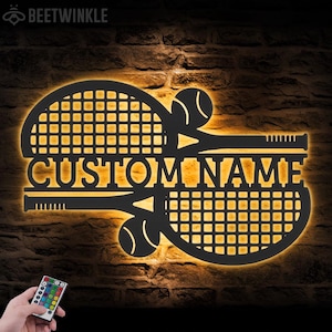 Custom Ball Racket Tennis Metal Wall Art LED Light Personalized Tennis Player Name Sign Home Decor Tennis Room Decoration Birthday Xmas Gift