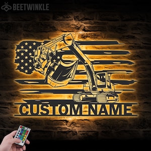 Custom US Excavator Driver Metal Wall Art LED Light Personalized Excavator Name Sign Home Decor Construction Decoration Birthday Christmas