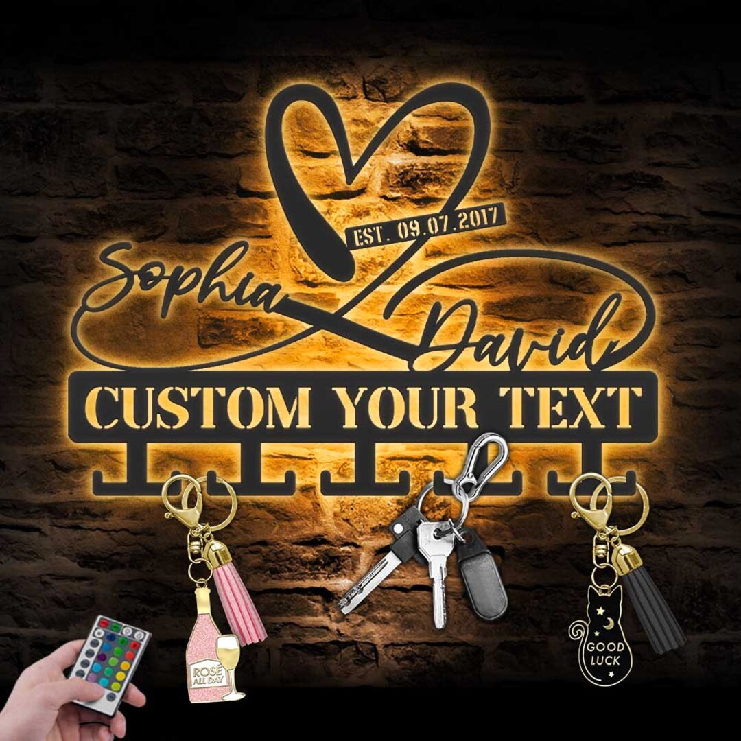 Custom Infinity Heart Key Holder Metal Wall Art LED Light Personalized ...