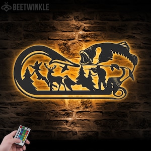 Deer Duck Hook Bass Fish Hunting Metal Wall Art LED Light Hunter Name Sign Home Decor Cabin Man Cave Decoration Birthday Christmas Xmas Gift