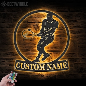 Custom Tennis Racket Metal Wall Art LED Light Personalized Tennis Player Name Sign Home Decor Tennis Room Decoration Birthday Xmas Gift
