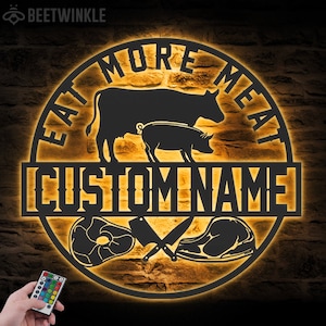 Custom Cow Pig Meat Shop Farmhouse Metal Wall Art LED Light Personalized Butcher Shop Name Sign Decor Steak Pork Chop Barbecue BBQ Grill