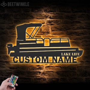 Custom Pontoon Lake House Metal Wall Art LED Light Personalized Boat Lake Name Sign Home Decor Cabin Lake Life Decoration Birthday Xmas Gift