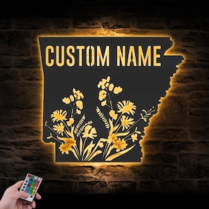 Custom Wild Flower Arkansas State Metal Wall Art LED Light Personalized Wildflower Map Name Sign Home Decor Floral Decoration Christmas Xmas