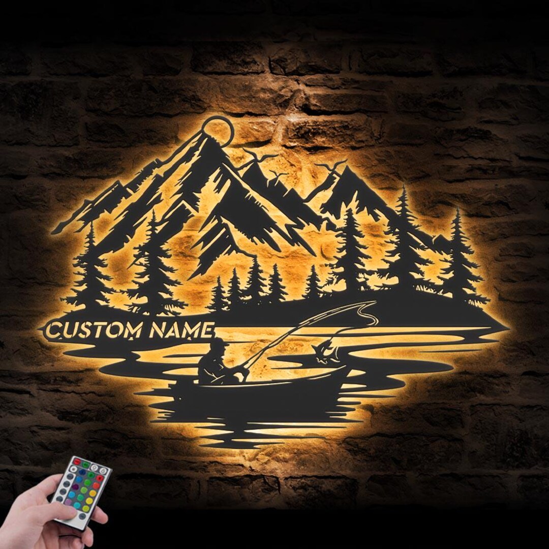 Custom Fishing Boat on Lake House Metal Wall Art LED Light Personalized ...