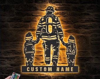 Custom Daughter Father Son Firefighter Metal Wall Art LED Light Personalized Fireman Name Sign Home Decor Fire Department Nursery Decoration