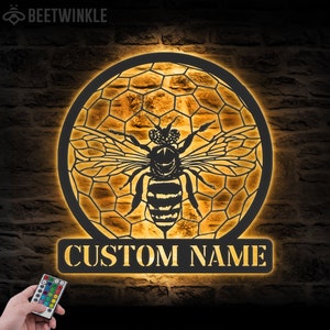 Custom Queen Bee Metal Wall Art LED Light Personalized Beekeeper Name Sign Home Decor Bee Lover Decoration Christmas Birthday Housewarming