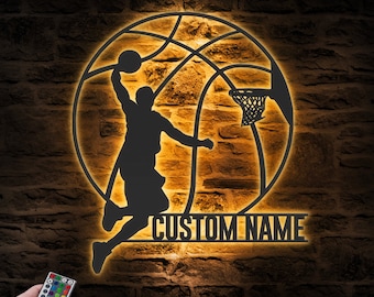 Custom Man Basketball Metal Wall Art LED Light Personalized Player Lover Sign Home Decor Kid Boy Girl Nursery Decoration Birthday Christmas