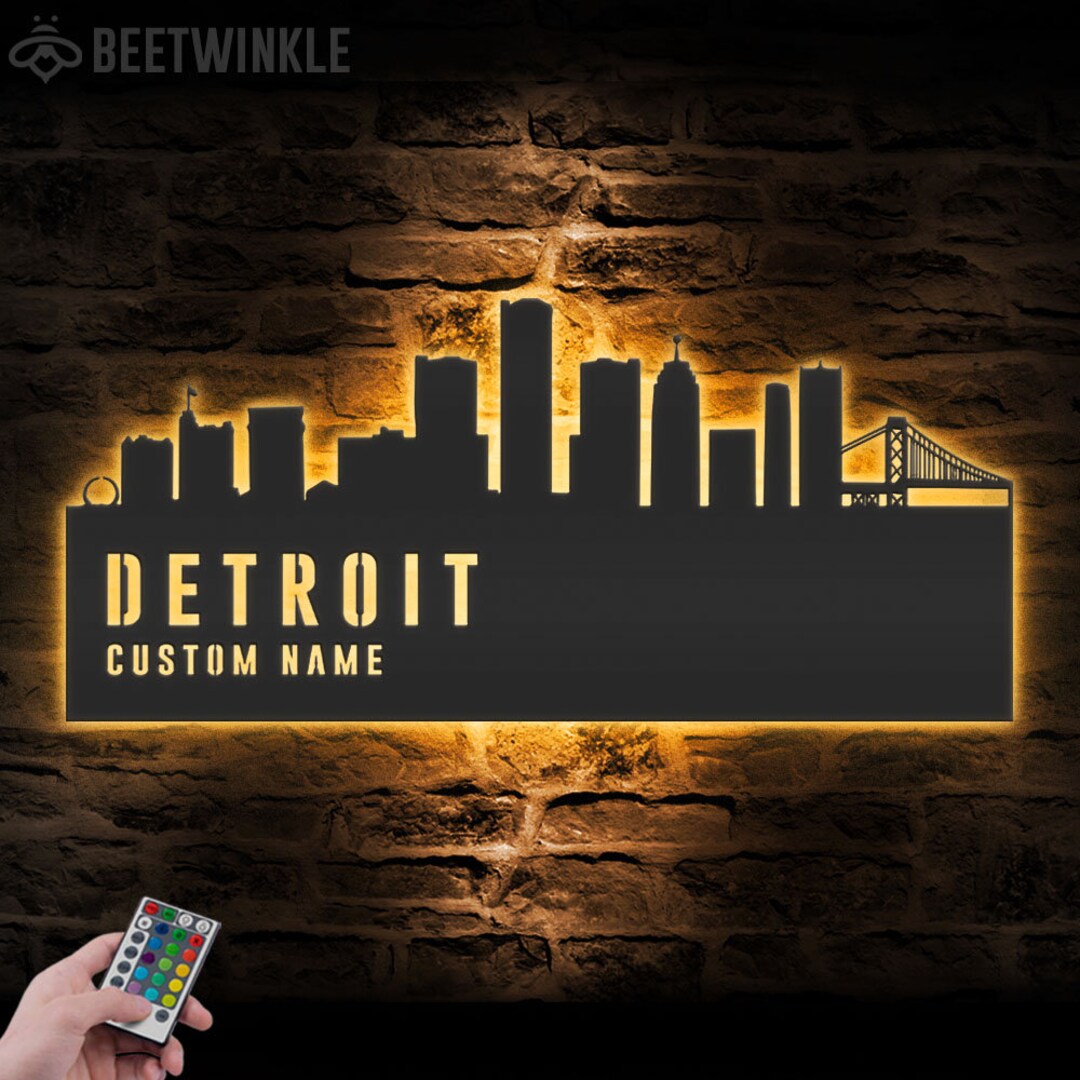 Custom Detroit Skyline Metal Wall Art LED Light Personalized Michigan ...