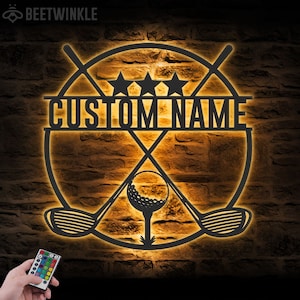 Arte de parede de metal personalizada para golfe, luz LED, placa com nome do jogador de golfe, decoração para casa, taco de golfe de 19 buracos, decoração de aniversário, Natal, presentes para o pai