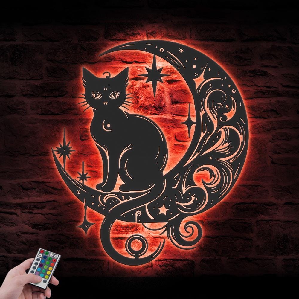 Decorazione Parete Gatto E Luna - Metallo Nero, 33cm, Stile Vintage - Foto 8