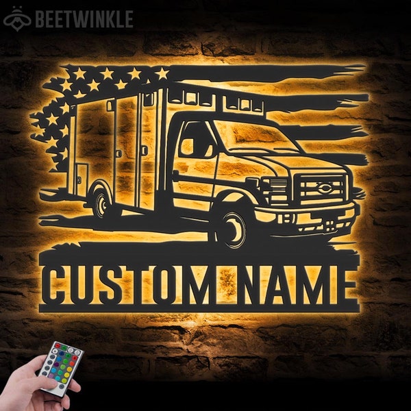 Custom US EMS Rescue Squad Truck Driver Metal Wall Art LED Light Personalized Emergency Ambulance Paramedics Vehicle Name Sign Home Decor