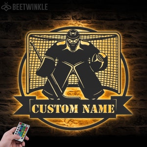 Custom Ice Hockey Player Metal Wall Art LED Light Personalized Man Hockey Goaltender Name Sign Home Decor Male Goalie Decoration Christmas