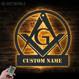 Custom Mason Square & Compass Metal Wall Art LED Light Personalized Masonic Name Sign Home Decor Freemasonry Decoration Repairman Birthday