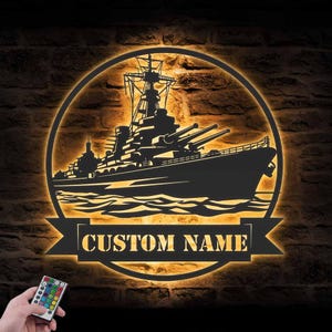 Custom Soldier Military Battle Ship Metal Wall Art LED Light Personalized Battleship Army Name Sign Home Decor Veteran Patriotic Decoration