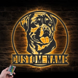 Custom Rottweiler Metal Wall Art LED Light Personalized Dog Lover Name Sign Home Decor Kids Nursery Pet Animal Decoration Birthday Christmas