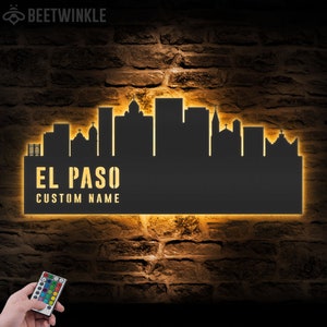 Custom El Paso Skyline Metal Wall Art LED Light Personalized Texas Home Cityscape Name Sign Home Decor Born In El Paso Decoration Gift