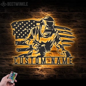Custom Welding US Flag Metal Wall Art LED Light Personalized Welder Name Sign Home Decor Ironworker Decoration Man Cave Birthday Xmas Gifts