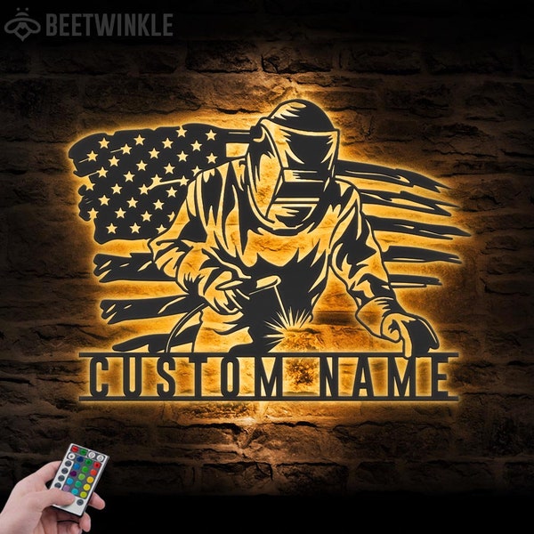 Custom Welding US Flag Metal Wall Art LED Light Personalized Welder Name Sign Home Decor Ironworker Decoration Man Cave Birthday Xmas Gifts