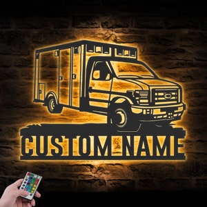 Custom EMS Rescue Squad Truck Driver Metal Wall Art LED Light Personalized Emergency Ambulance Paramedics Vehicle Name Sign Home Decor Gift