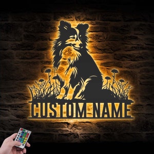 Custom Shetland Sheepdog Metal Wall Art LED Light Personalized Sheltie Dog Lover Name Sign Home Decor Pet Animal Kids Nursery Decoration