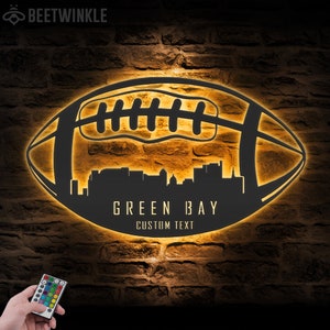 Custom Green Bay Skyline American Football Metal Wall Art LED Light Personalized Player Name Sign Home Decor Kid Nursery Decoration Birthday