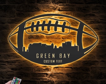 Custom Green Bay Skyline American Football Metal Wall Art LED Light Personalized Player Name Sign Home Decor Kid Nursery Decoration Birthday