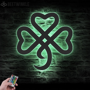 Arte de pared de metal con trébol, luz LED, letrero de trébol, decoración del hogar, trébol, decoración irlandesa de la suerte, cumpleaños, día de San Patricio, feliz día de San Patricio