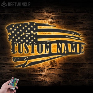 Custom Distressed USA Flag Metal Wall Art LED Light Personalized American Flag Name Sign Home Decor 4th of July Patriotic Decoration Xmas