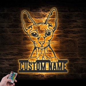 Custom Gluren Sphynx Cat Metal Wall Art LED-verlichting Gepersonaliseerde Funny Cat Lover Naambord Home Decor Kid Kinderkamer Decoratie Verjaardag