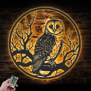 Owl On the Branch Metal Wall Art with LED Light Owl On The Moon Sign Home Decor Kid Nursery Decoration Man Cave Hanging Door Housewarming