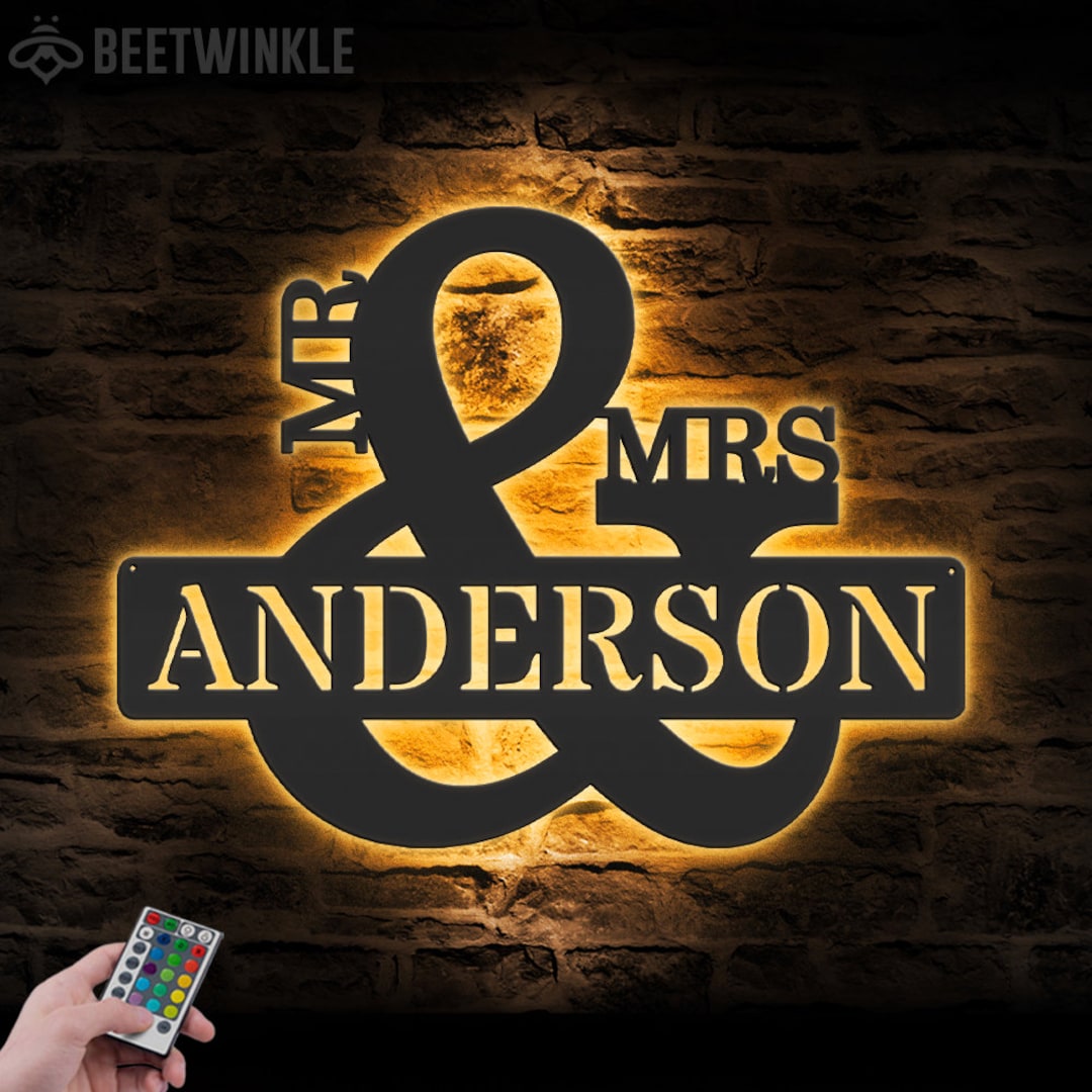 Custom Mr & Mrs Metal Wall Art LED Light Personalized Mr and Mrs ...