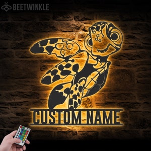 Custom Cute Turtle Hawaiian Metal Wall Art LED Lights Personalized Turtle Lover Name Sign Home Decor Kids Nursery Decoration Birthday Xmas