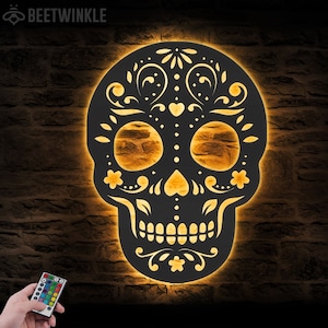 Sugar Skull Metal Wall Art with LED Light Day of the Dead Sign Home Decor Dia De Los Muertos Decoration Man Cave Hanging Housewaeming Gift