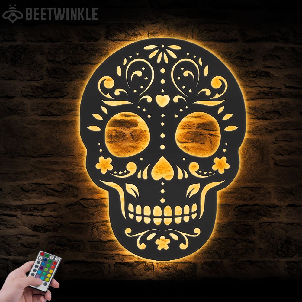 Sugar Skull Metal Wall Art with LED Light Day of the Dead Sign Home Decor Dia De Los Muertos Decoration Man Cave Hanging Housewaeming Gift