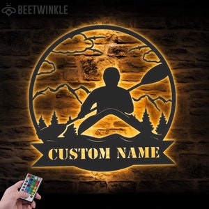 Custom Kayak Lake Life Metal Wall Art LED Light Personalized Kayaker Name Sign Home Decor Kayak Life Decoration Birthday Xmas Gift
