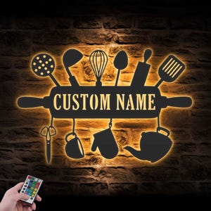 Custom Chef Tools Metal Wall Art LED Light Personalized Cooking Tool Kitchen Name Sign Home Decor Restaurant Logo Decoration Housewarming