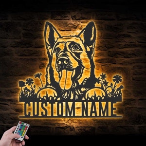 Custom GSD German Shepherd Husky Mix Metal Wall Art LED Light Personalized Can de Palleiro Dog Name Sign Home Decor Pet Nursery Decoration