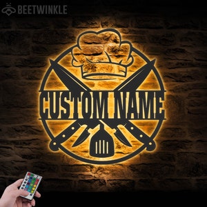 Custom Chef Logo Metal Wall Art LED Light Personalized Backyard Cooking Lover Name Sign Home Decor Kitchen Decoration Housewarming Birthday