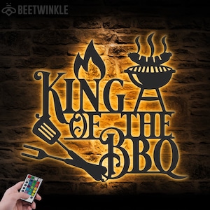 King Of The BBQ Metal Wall Art LED Light Backyard Grill Name Sign Home Decor Barbecue Decoration Patio Housewarming Xmas Birthday