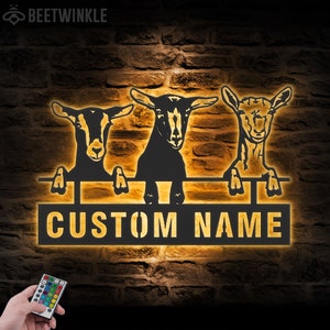 Custom Goat Farmhouse Metal Wall Art LED Light Personalized Goat Livestock Name Sign Home Decor Goat Barn Nursery Decoration Xmas Birthday