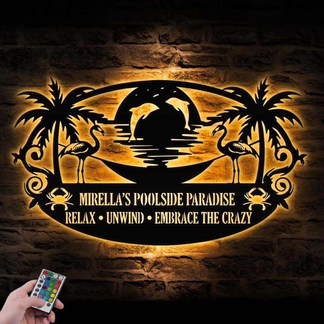 Custom Poolside Tiki Bar Metal Wall Art Led Light Personalized Flamingo