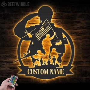 Custom US Soldier Military Metal Wall Art LED Light Personalized American Army Name Sign Home Decor Veteran Patriotic Decoration Xmas gifts