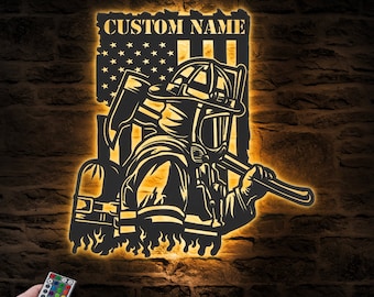 Custom Firefighter US Flag Metal Wall Art LED Light Personalized USA Fireman Name Sign Home Decor Fire Department Decoration Birthday Xmas