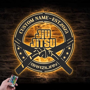 Custom Brazilian Jiu Jitsu Belt Metal Wall Art with LED Light Personalized BJJ Jiu-Jitsu Name Sign Home Decor JiuJitsu Room Decoration Xmas