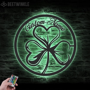 Arte de pared de metal con trébol personalizado, luz LED, letrero con nombre de trébol personalizado, decoración del hogar, trébol de la suerte, decoración irlandesa, cumpleaños, día de San Patricio